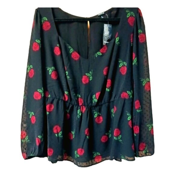 TORRID Plus Size New Peplum Chiffon Clip Dot Floral Rose Puff Sleeve Top. - Picture 2 of 16